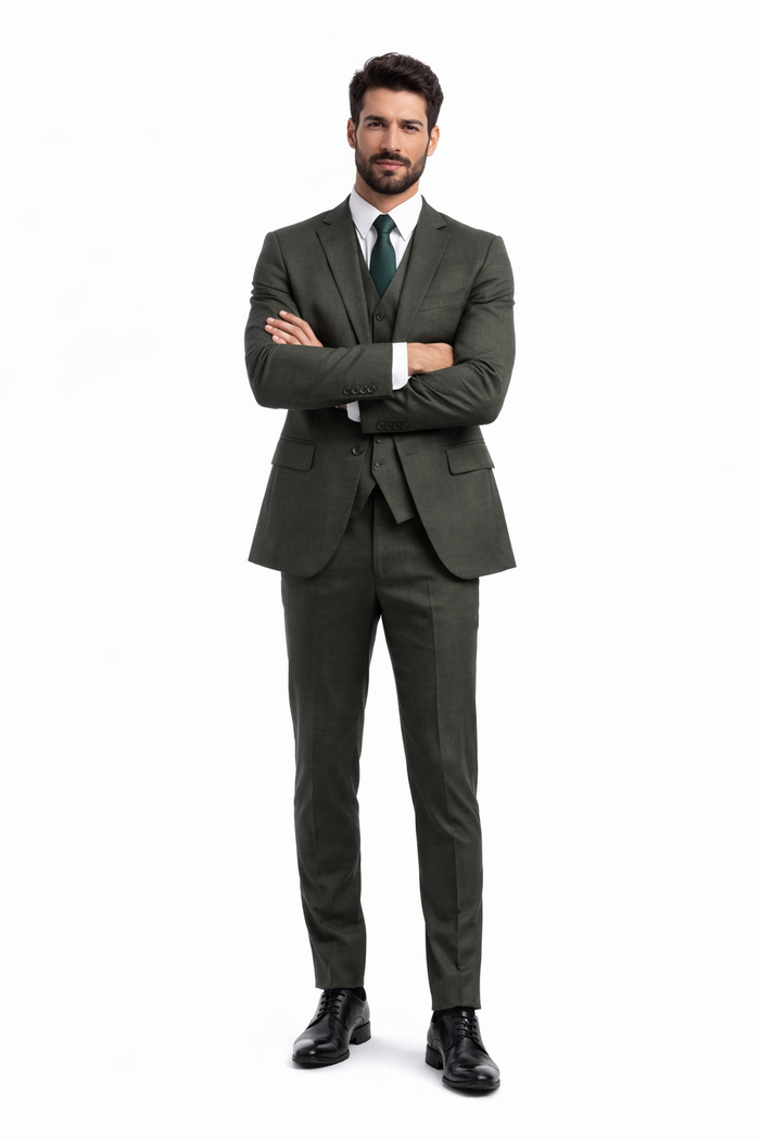 Men's Olive Green Sharkskin Suit with Vest by Tazio