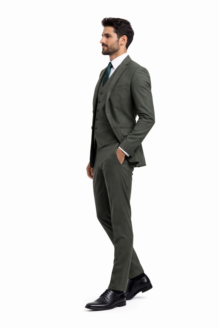 Men's Olive Green Sharkskin Suit with Vest by Tazio