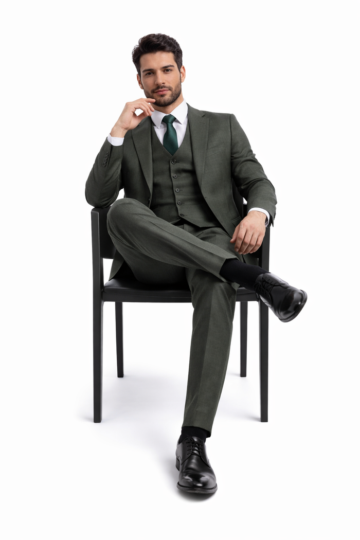 Men's Olive Green Sharkskin Suit with Vest by Tazio