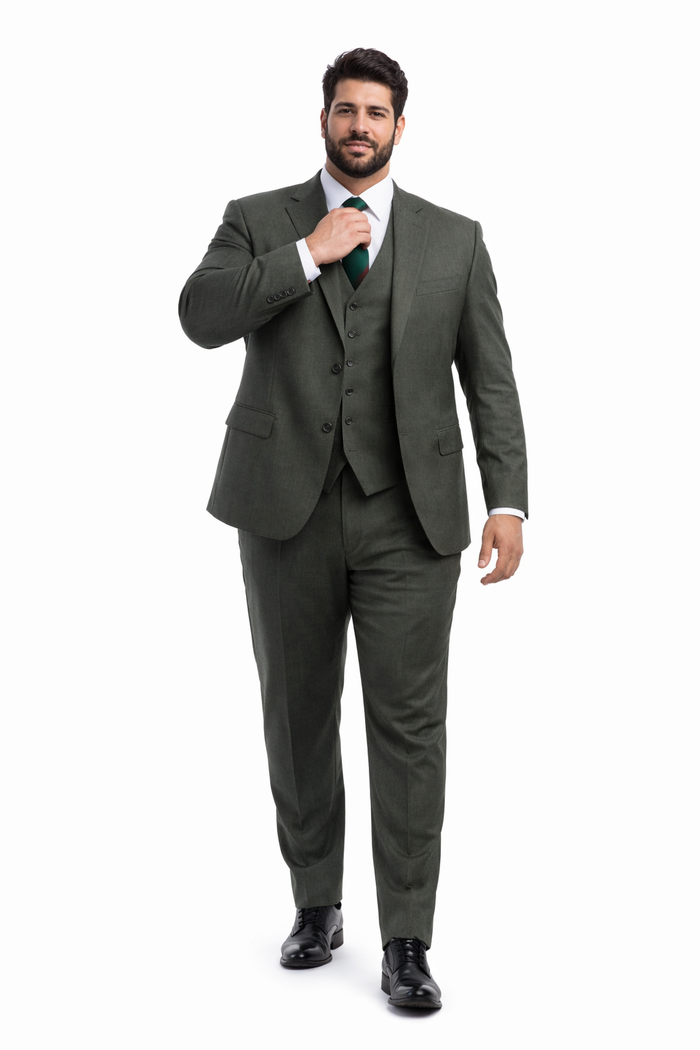 Men's Olive Green Sharkskin Suit with Vest by Tazio