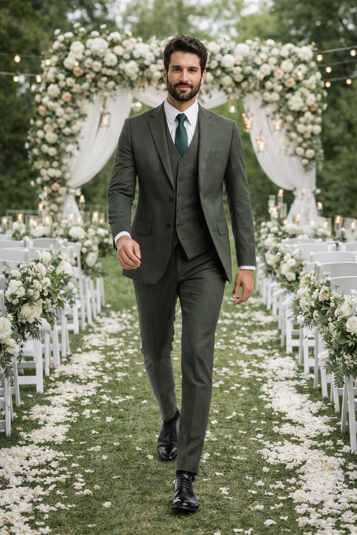 Men's Olive Green Sharkskin Suit with Vest by Tazio