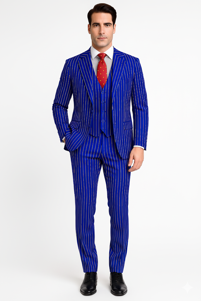 Mens Classic Vested Shiny Sharkskin Blue Suit by Vinci
