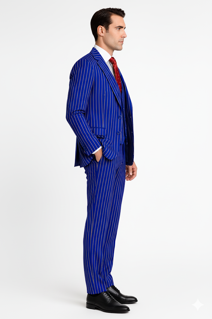 Mens Classic Vested Shiny Sharkskin Blue Suit by Vinci