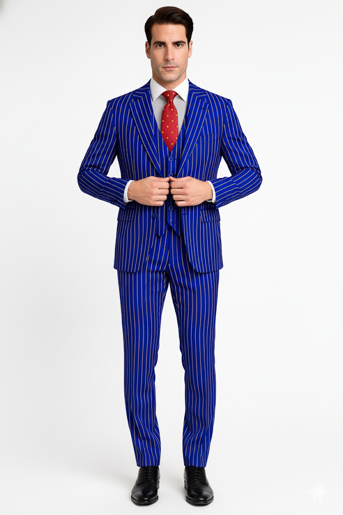 Mens Classic Vested Shiny Sharkskin Blue Suit by Vinci
