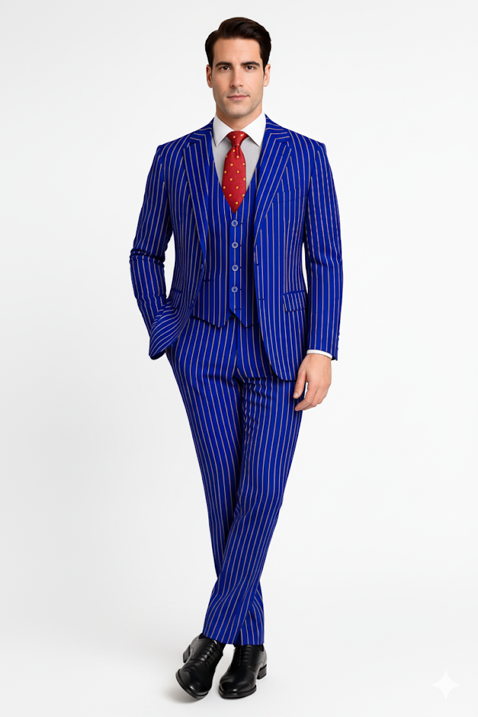 Mens Classic Vested Shiny Sharkskin Blue Suit by Vinci