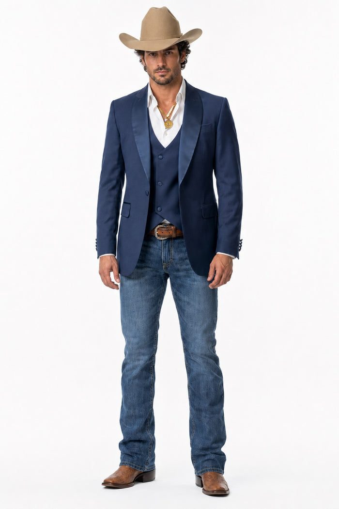Mens Western Navy 3-Piece Suit – Cowboy Tuxedo and Blazer Formal Set