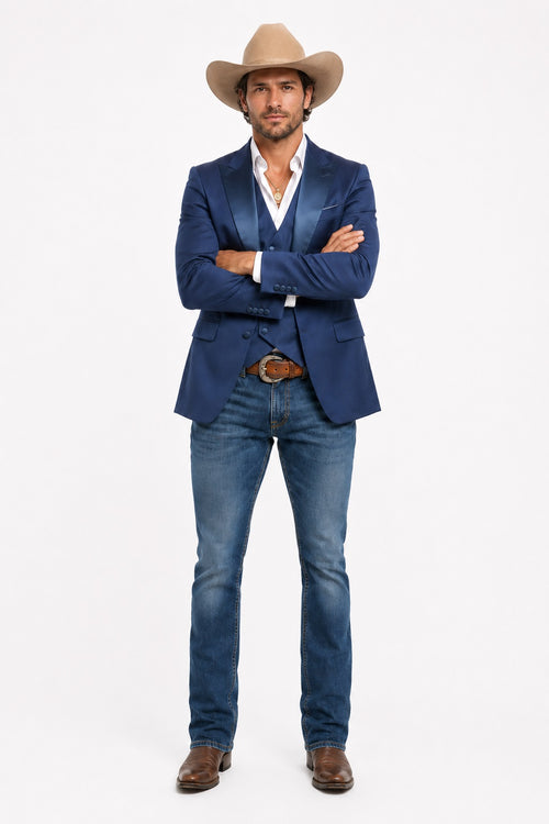 Mens Western Navy 3-Piece Suit – Cowboy Tuxedo and Blazer Formal Set