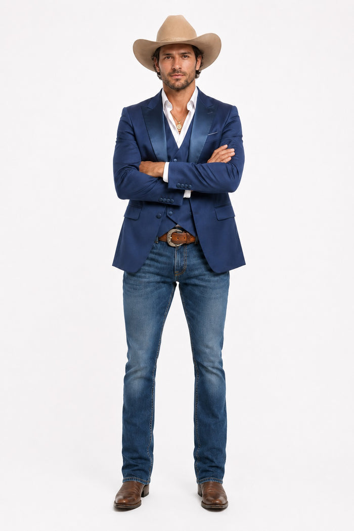 Mens Western Navy 3-Piece Suit – Cowboy Tuxedo and Blazer Formal Set
