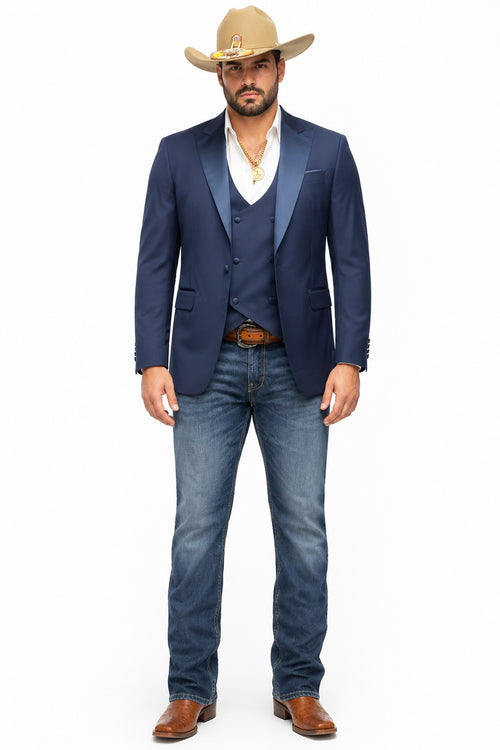 Mens Western Navy 3-Piece Suit – Cowboy Tuxedo and Blazer Formal Set