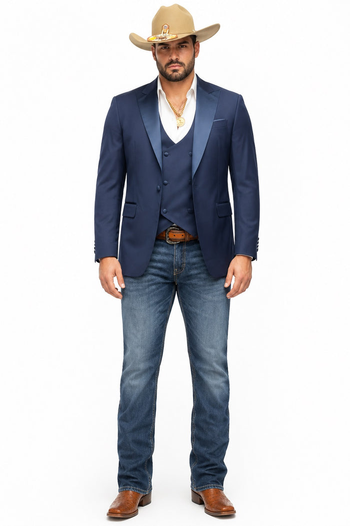 Mens Western Navy 3-Piece Suit – Cowboy Tuxedo and Blazer Formal Set