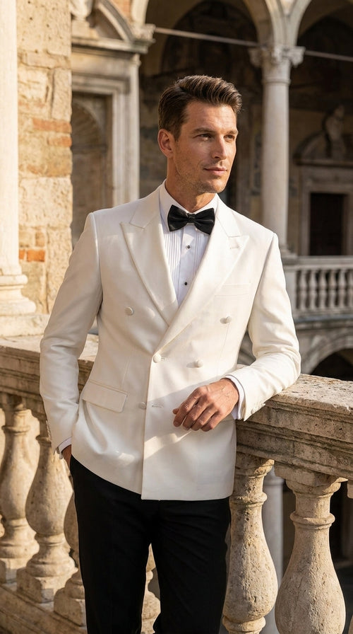 Men's White Double Breasted Dinner Jacket – Peak Lapel Tuxedo Blazer for Weddings, Black Tie & Formal Events