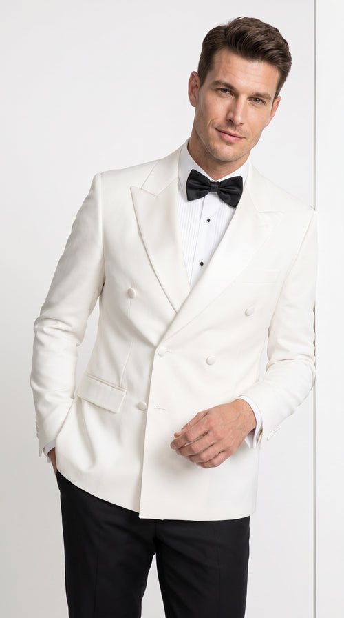 Men's White Double Breasted Dinner Jacket – Peak Lapel Tuxedo Blazer for Weddings, Black Tie & Formal Events