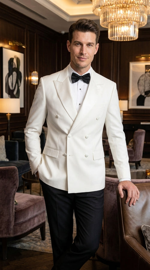 Men's White Double Breasted Dinner Jacket – Peak Lapel Tuxedo Blazer for Weddings, Black Tie & Formal Events