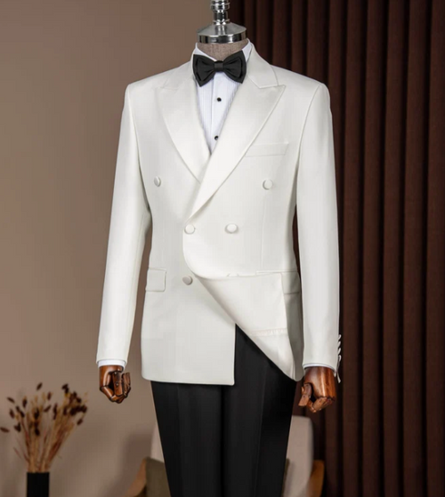 Men's White Double Breasted Dinner Jacket – Peak Lapel Tuxedo Blazer for Weddings, Black Tie & Formal Events