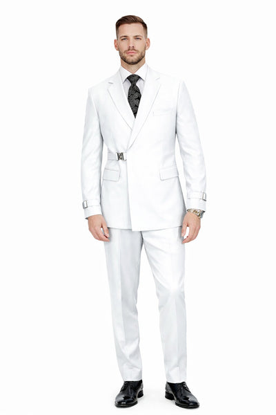 Men’s White Double Breasted Wool Suit with Designer Tailored Formal Set Metal Buckle Closure