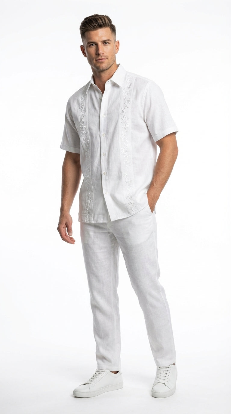 Mens White Embroidered Walking Suit Set – Short Sleeve Shirt and Pants Casual Summer Outfit for Vacation, Beach and Everyday Wear – SuitUSA