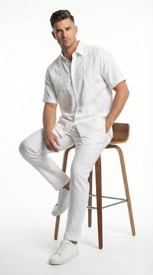 Mens White Embroidered Walking Suit Set – Short Sleeve Shirt and Pants Casual Summer Outfit for Vacation, Beach and Everyday Wear