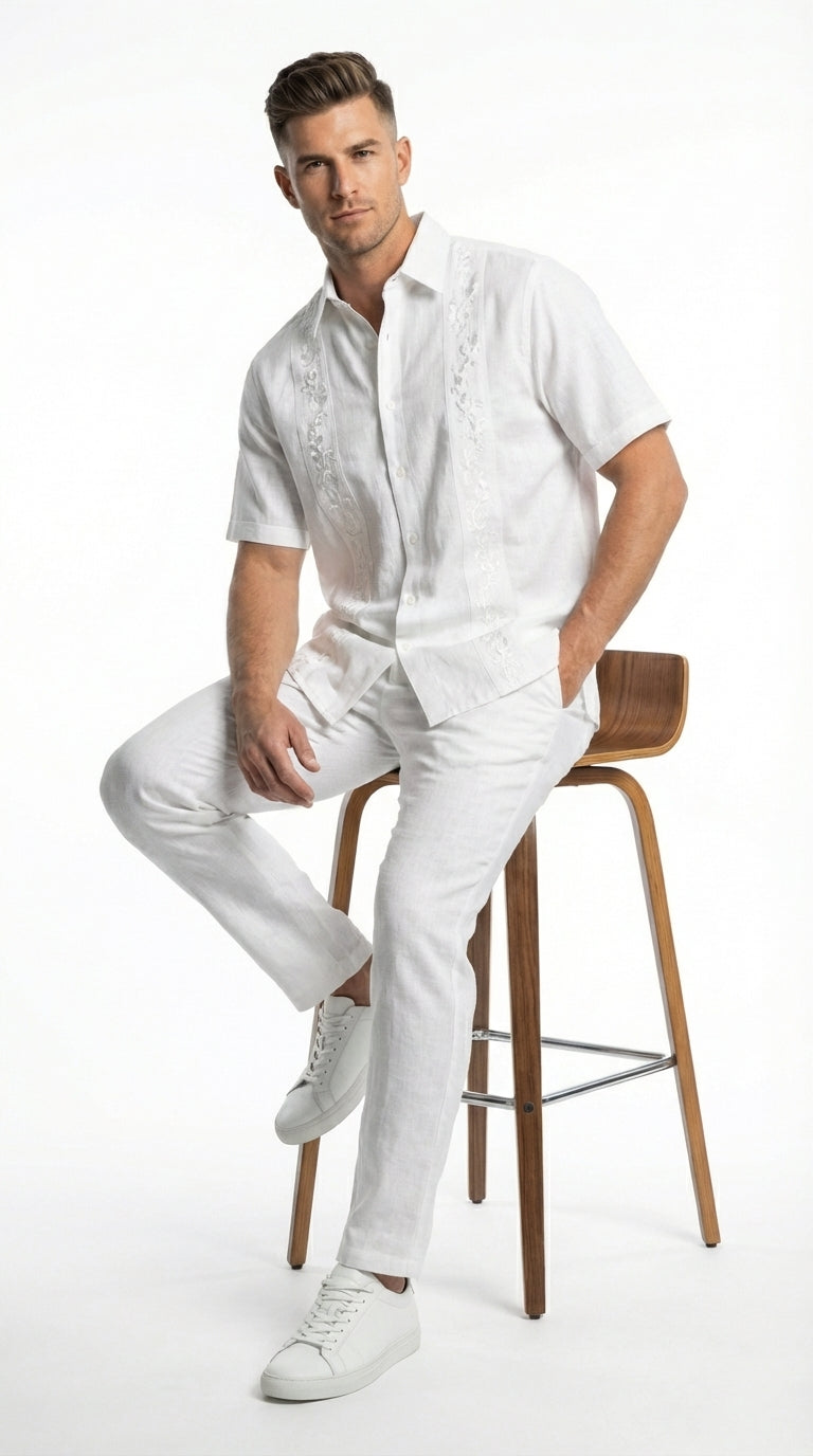 Mens White Embroidered Walking Suit Set – Short Sleeve Shirt and Pants Casual Summer Outfit for Vacation, Beach and Everyday Wear