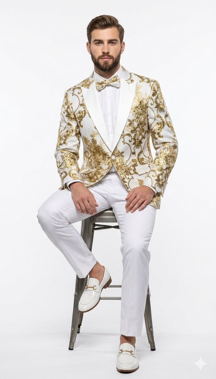 Mens White and Gold Floral Tuxedo Jacket with Satin Lapel - Luxury Prom, Wedding and Formal Dinner Blazer by USA Men's Outlet