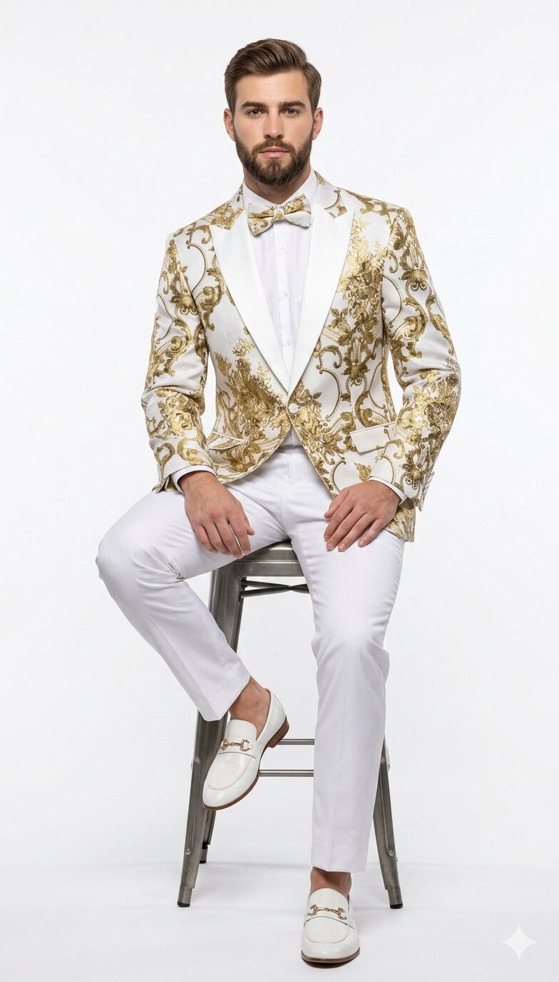 Mens White and Gold Floral Tuxedo Jacket with Satin Lapel - Luxury Prom, Wedding and Formal Dinner Blazer by USA Men's Outlet