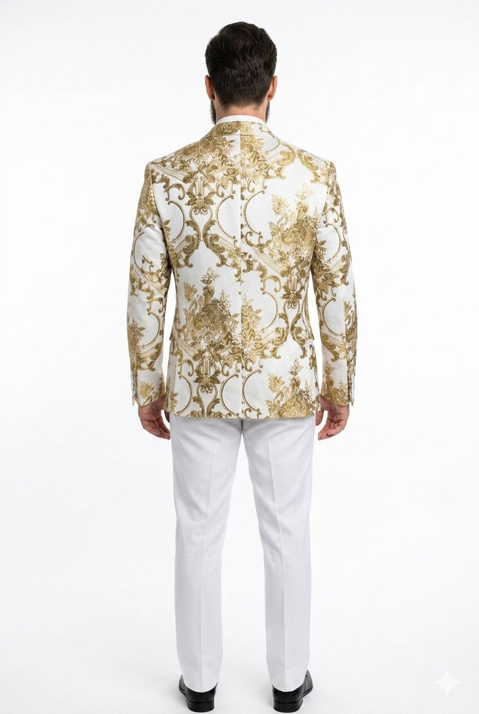 Mens White and Gold Floral Tuxedo Jacket with Satin Lapel - Luxury Prom, Wedding and Formal Dinner Blazer by USA Men's Outlet