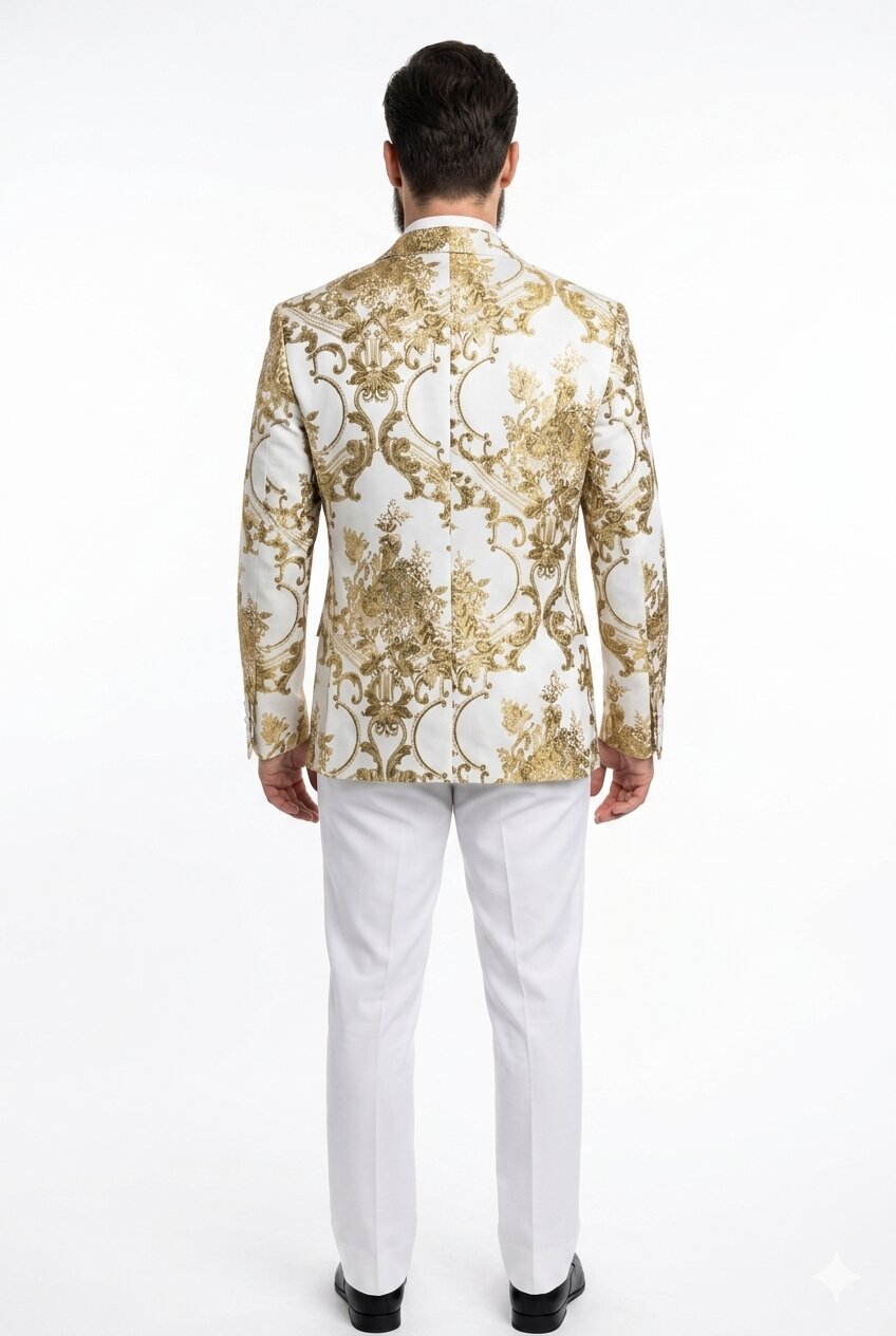 Mens White and Gold Floral Tuxedo Jacket with Satin Lapel - Luxury Prom, Wedding and Formal Dinner Blazer by USA Men's Outlet