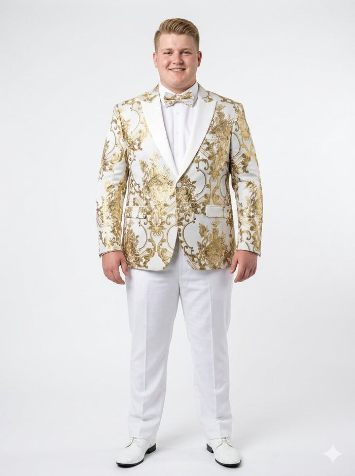 Mens White and Gold Floral Tuxedo Jacket with Satin Lapel - Luxury Prom, Wedding and Formal Dinner Blazer by USA Men's Outlet