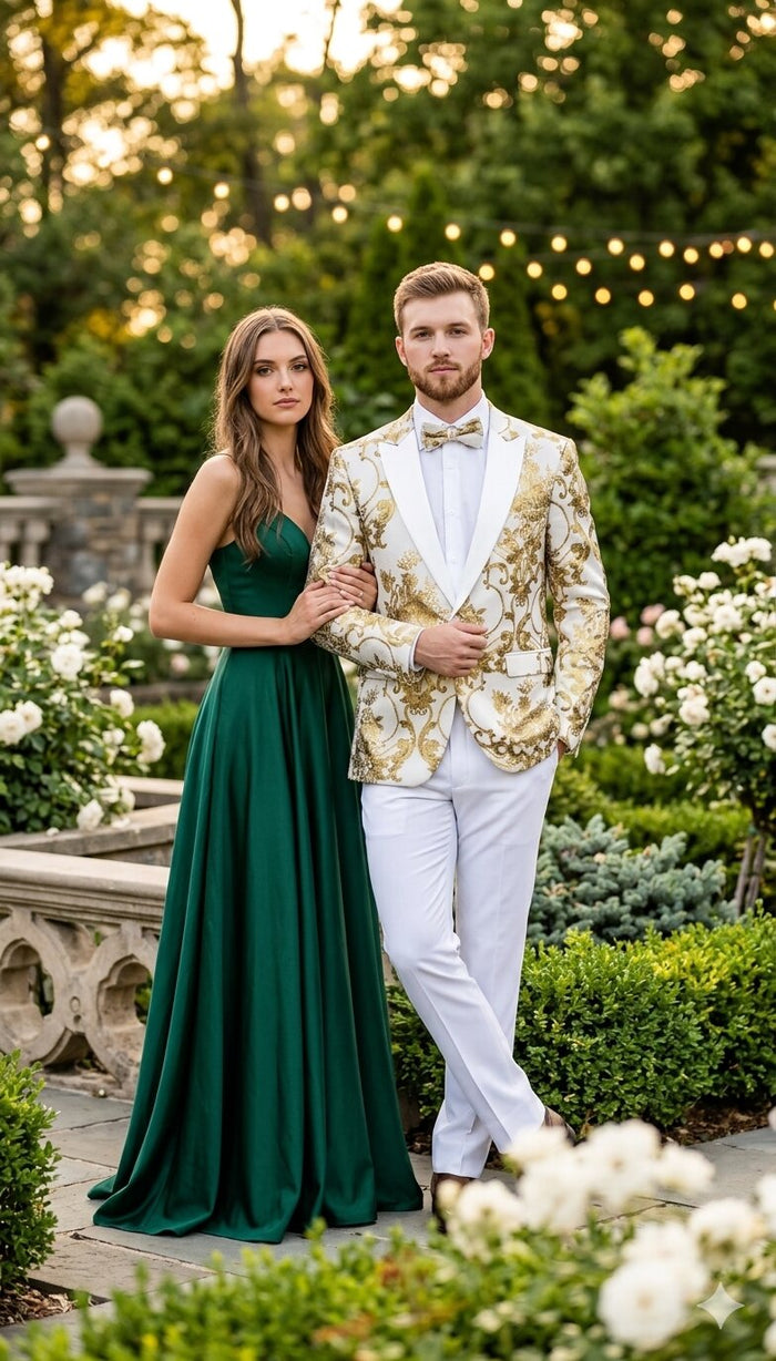 Mens White and Gold Floral Tuxedo Jacket with Satin Lapel - Luxury Prom, Wedding and Formal Dinner Blazer by USA Men's Outlet