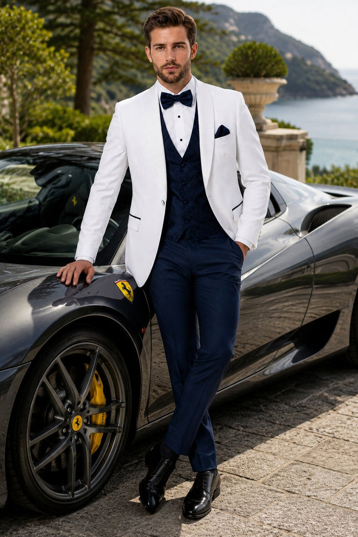 White and Navy Blue Tuxedo Wedding Suit - White Dinner Jacket + Vest + Pants + Bow-tie by USA Men's Outlet