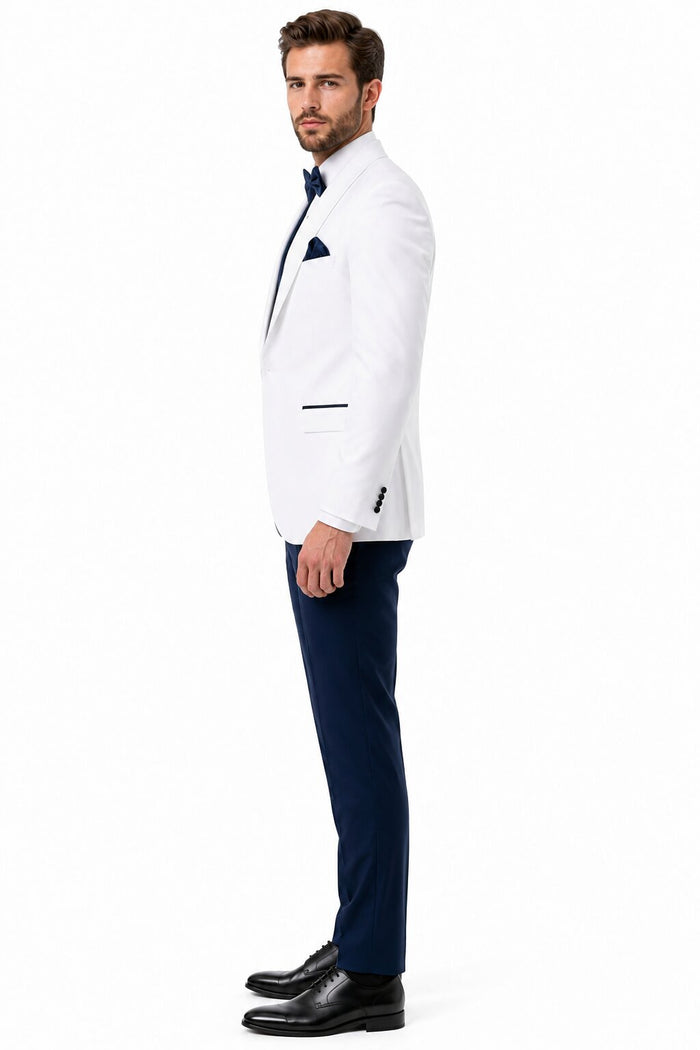 White and Navy Blue Tuxedo Wedding Suit - White Dinner Jacket + Vest + Pants + Bow-tie by USA Men's Outlet