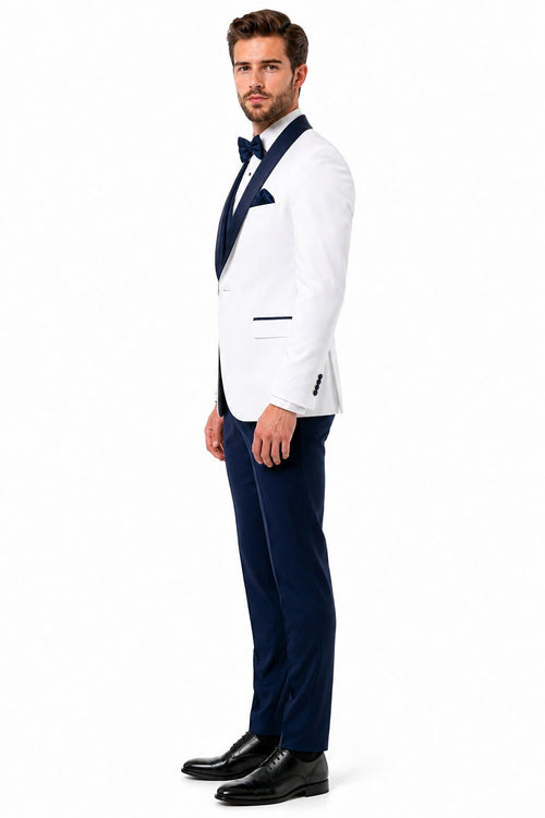 White and Navy Blue Tuxedo Wedding Suit - White Dinner Jacket + Vest + Pants + Bow-tie by USA Men's Outlet