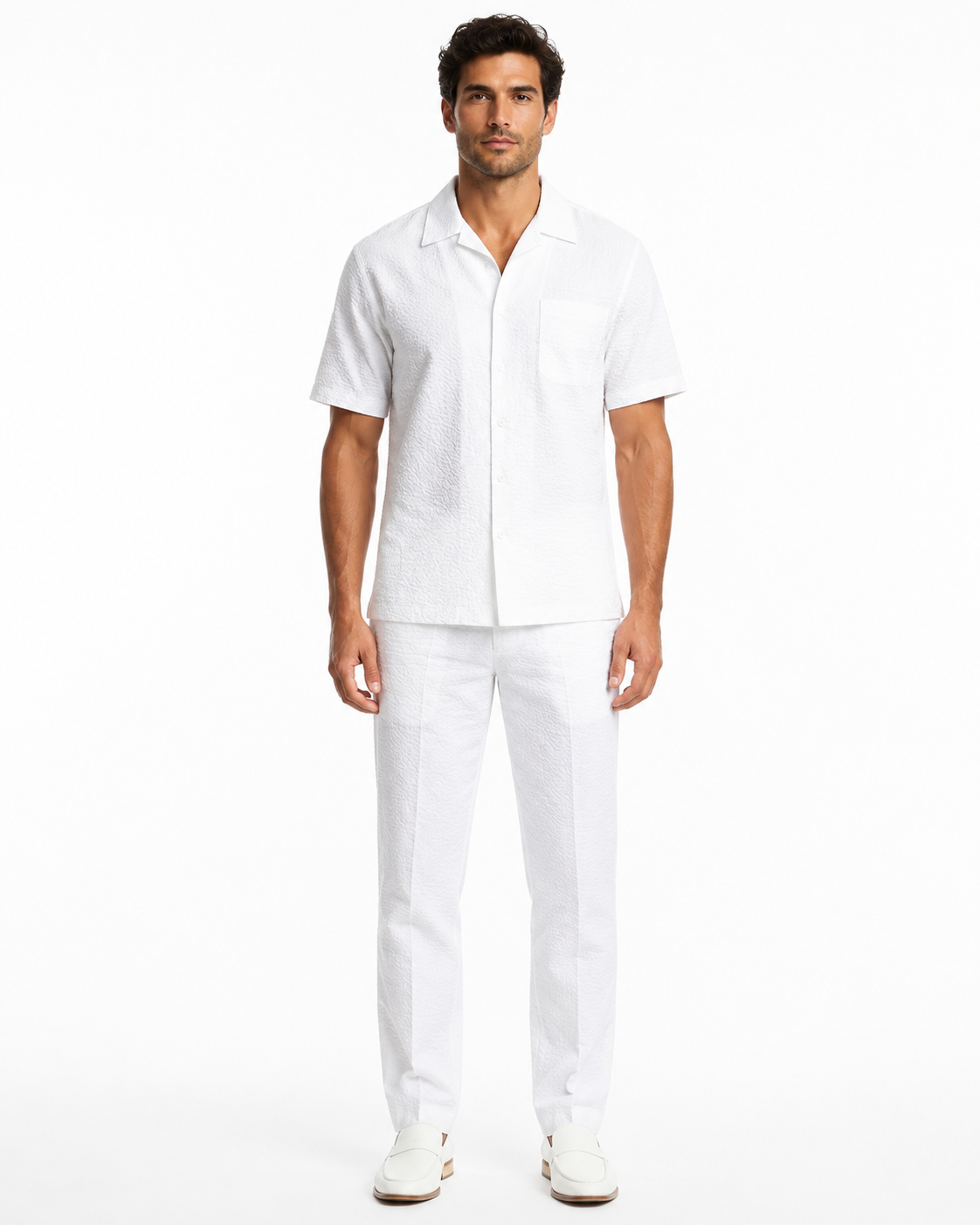 Mens White Seersucker Walking Suit Set – Casual Summer Short Sleeve Outfit with Matching Pants Lightweight Two Piece Set – SuitUSA