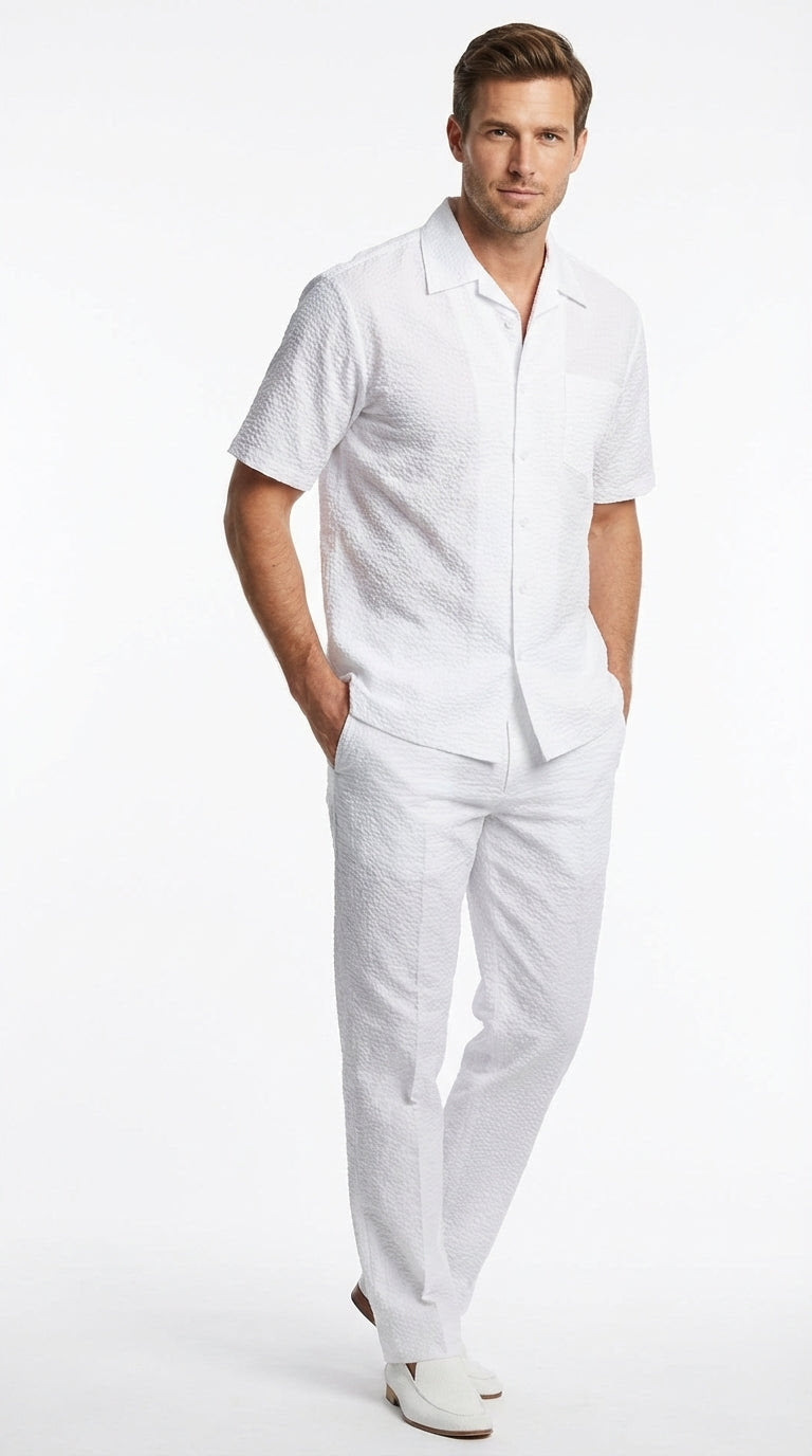 Mens White Seersucker Walking Suit Set – Casual Summer Short Sleeve Outfit with Matching Pants Lightweight Two Piece Set