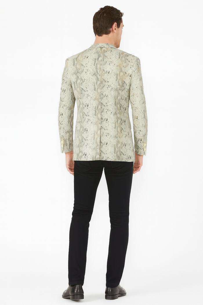 Men’s White Snake Print Blazer - Exotic Slim Fit Party and Fashion Jacket - Alligator crocodile print by Usamensoutlet