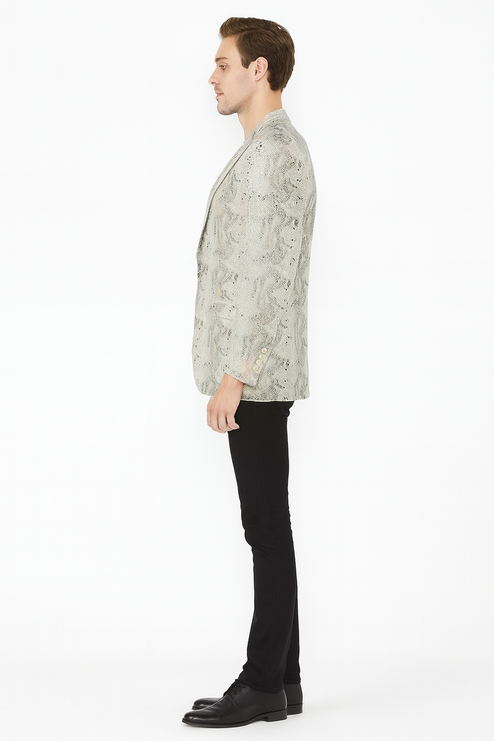 Men’s White Snake Print Blazer - Exotic Slim Fit Party and Fashion Jacket - Alligator crocodile print by Usamensoutlet