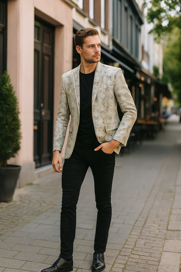 Men’s White Snake Print Blazer - Exotic Slim Fit Party and Fashion Jacket - Alligator crocodile print by Usamensoutlet