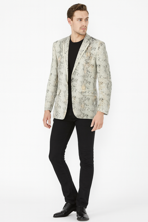 Men’s White Snake Print Blazer - Exotic Slim Fit Party and Fashion Jacket - Alligator crocodile print by Usamensoutlet