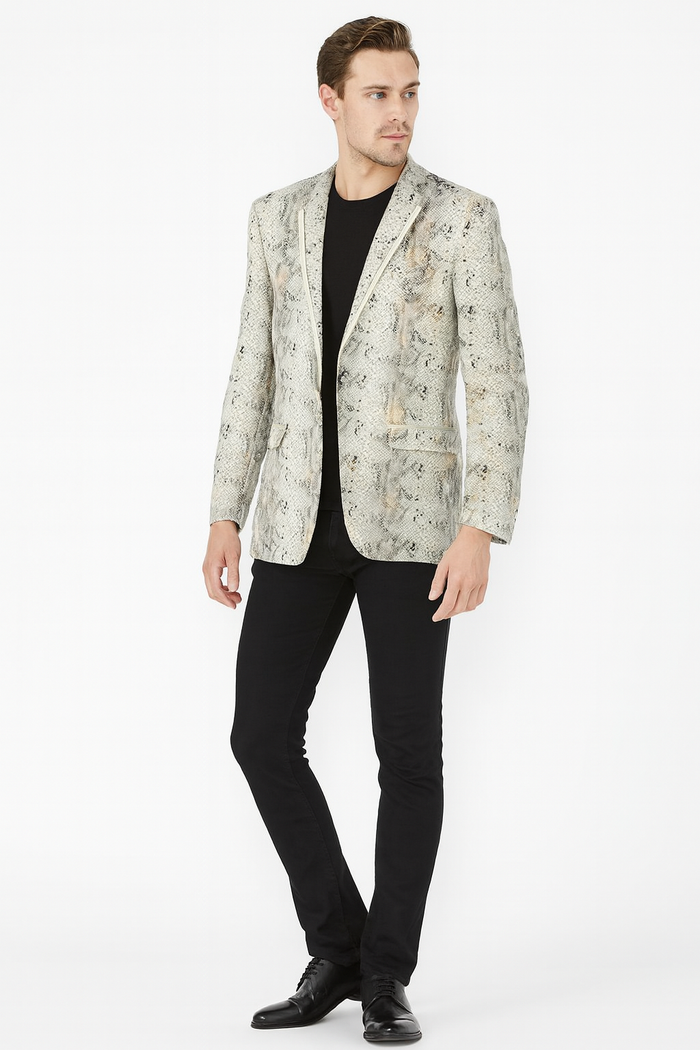 Men’s White Snake Print Blazer - Exotic Slim Fit Party and Fashion Jacket - Alligator crocodile print by Usamensoutlet