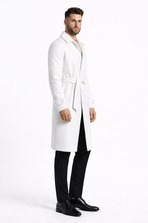 Men's White Wool Belted Long Coat – Classic Overcoat for Formal Wear, Wedding Full length