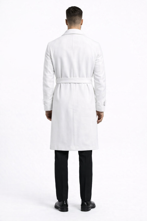 Men's White Wool Belted Long Coat – Classic Overcoat for Formal Wear, Wedding Full length