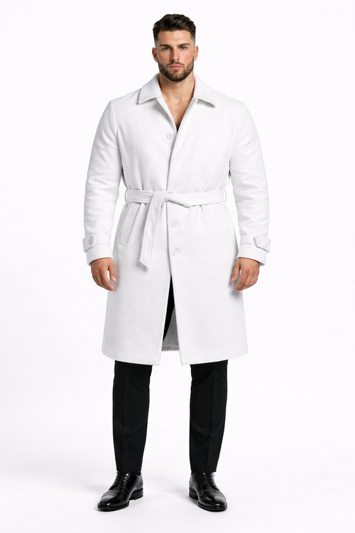 Men's White Wool Belted Long Coat – Classic Overcoat for Formal Wear, Wedding Full length