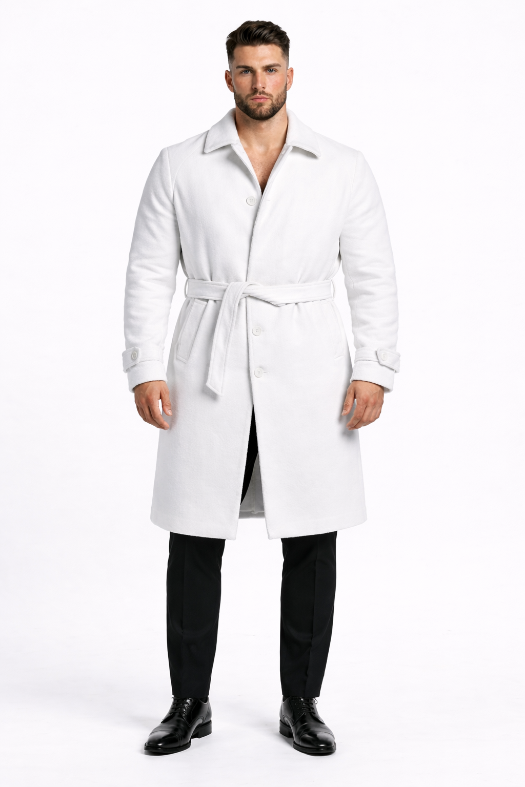Men's White Wool Belted Long Coat – Classic Overcoat for Formal Wear, Wedding Full length