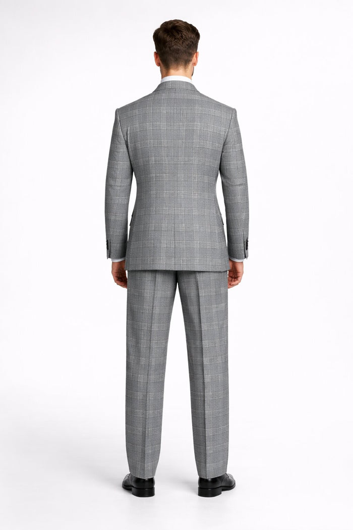 Suits With Baggy Pleated Pants - Wide Leg Pants 100% Wool - Classic Fit in Black and White Plaid Color by Rossiman USA Men's Outlet