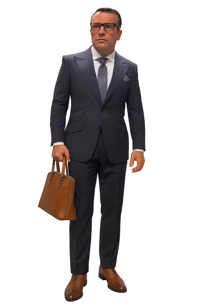 Statement Suits - Wool Suits - Peak Lapel Suits - Ticket Pocket - Modern Fit - Charcoal Stripe Suit by Men's Tuxedo USA