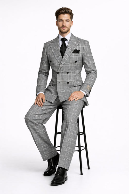 Suits With Baggy Pleated Pants - Wide Leg Pants 100% Wool - Classic Fit in Black and White Plaid Color by Rossiman USA Men's Outlet