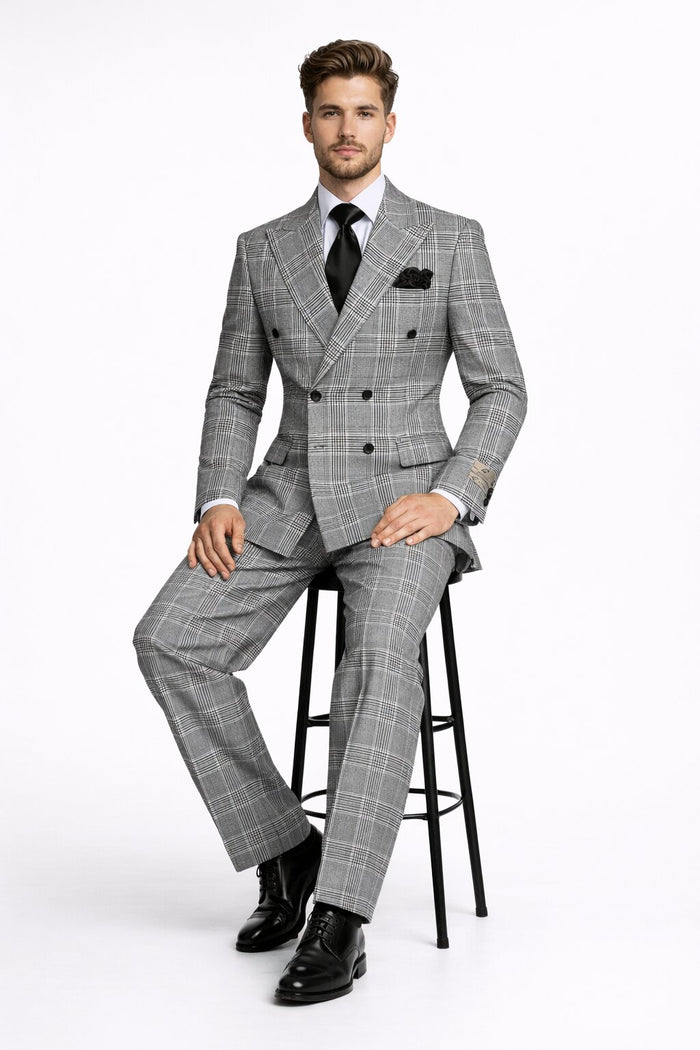 Suits With Baggy Pleated Pants - Wide Leg Pants 100% Wool - Classic Fit in Black and White Plaid Color by Rossiman USA Men's Outlet