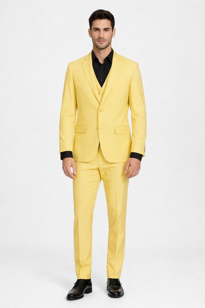 Men's Yellow 3-Piece Suit with Black Dress Shirt - Modern Slim Fit Formal Attire by USA Men's Outlet