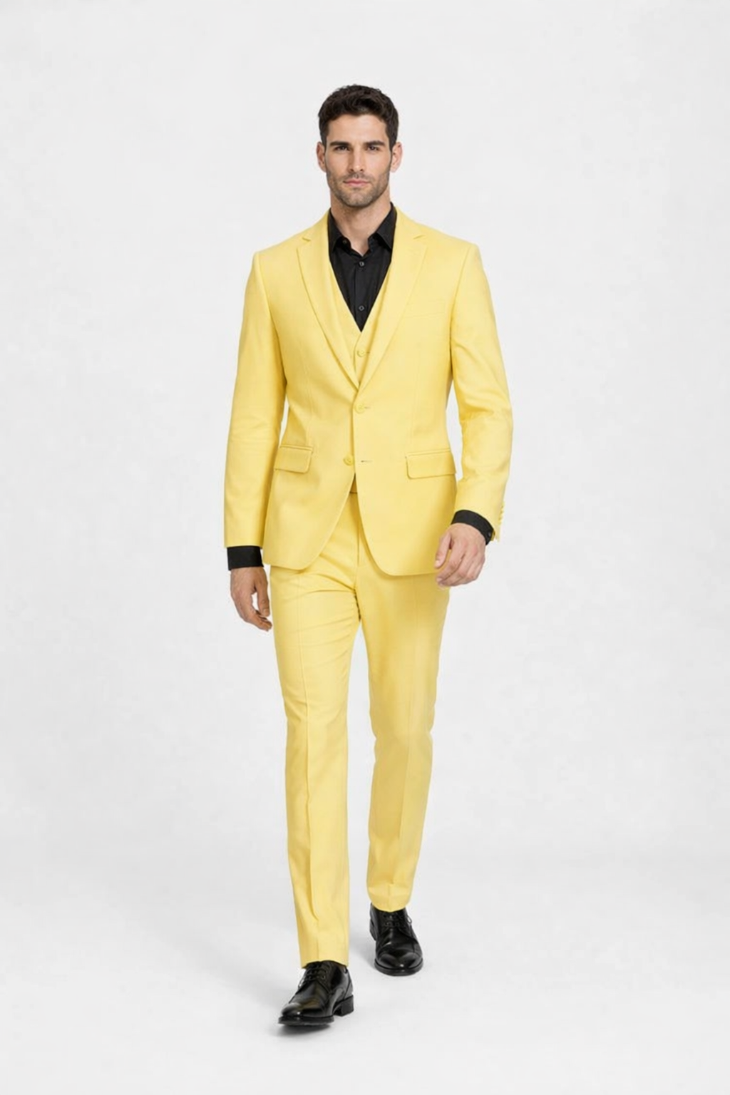 Men's Yellow 3-piece Suit With Black Dress Shirt Modern Slim Fit Formal Attire Usa Outlet 34 Short or Extra Small