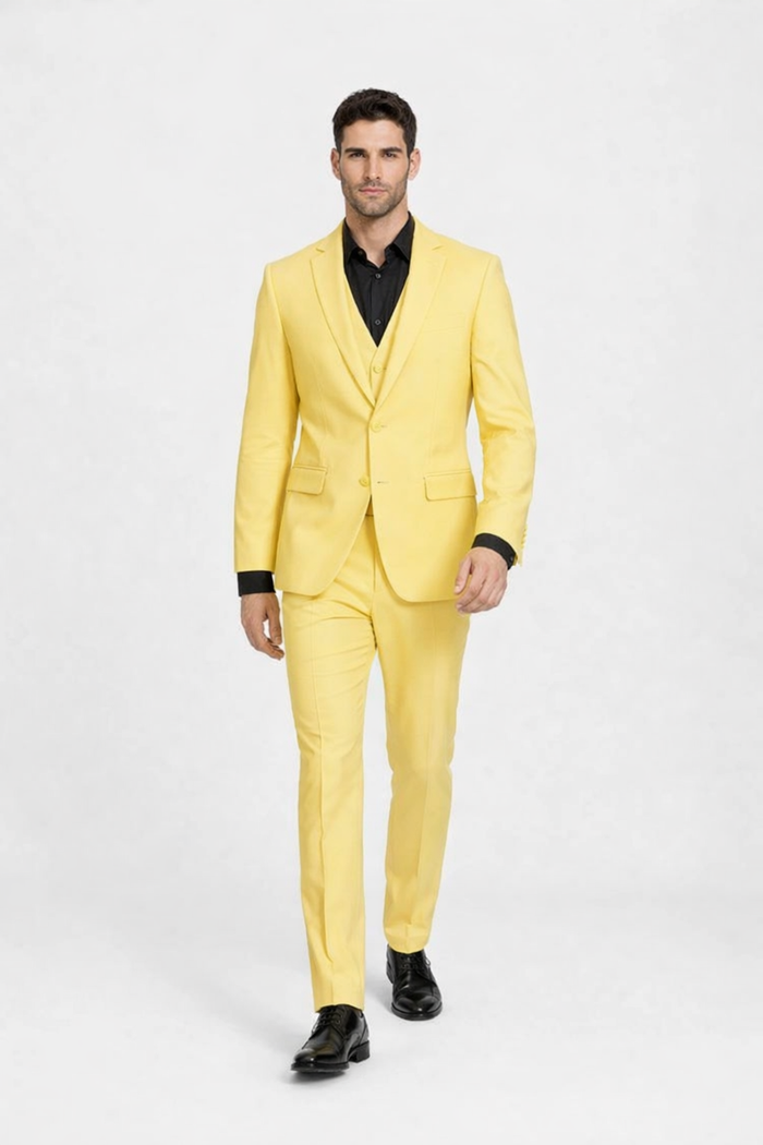 Men's Yellow 3-Piece Suit with Black Dress Shirt - Modern Slim Fit Formal Attire by USA Men's Outlet