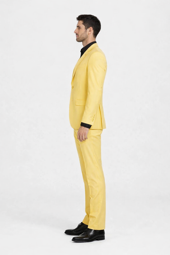 Men's Yellow 3-Piece Suit with Black Dress Shirt - Modern Slim Fit Formal Attire by USA Men's Outlet